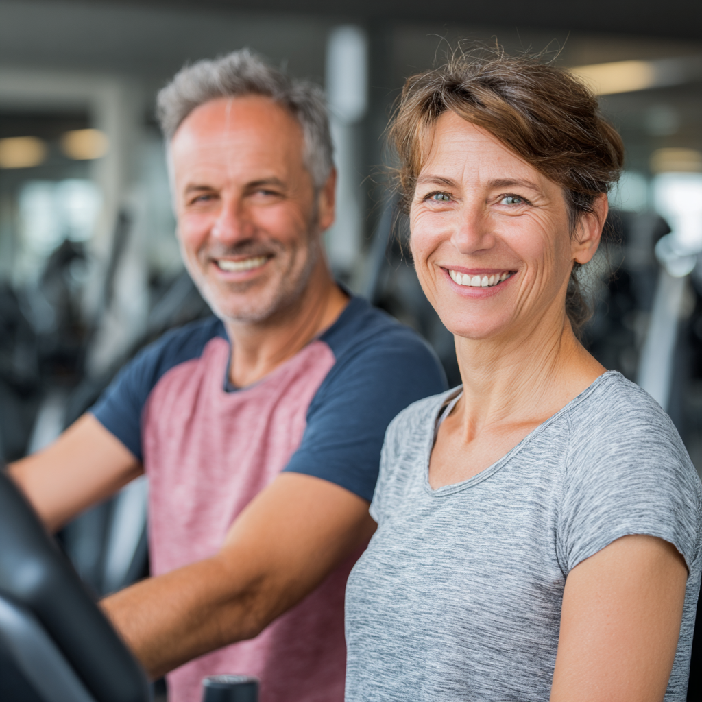 Mosolygó magyar felnőtt személyek edzés közben a tornateremben